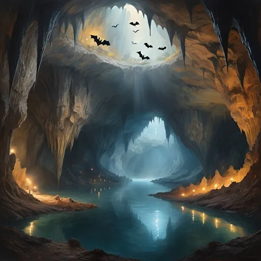 Prompt: Mesmerizing, vibrant, fantastical landscape of a gigantic cave with water and bats, hyper-realistic, oil painting, ethereal atmosphere, intricate details, high quality, hyper-realistic, dreamy, fantastical, professional lighting