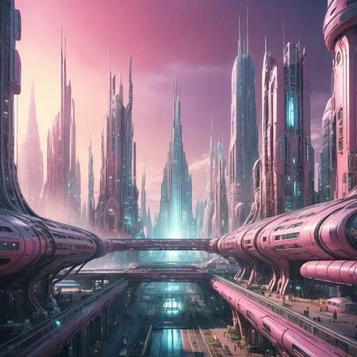 Prompt: Futuristic sci-fi city made out of steel. Vibrant, hyper-realistic, pastel hues, ethereal atmosphere, intricate details, high quality, professional lighting