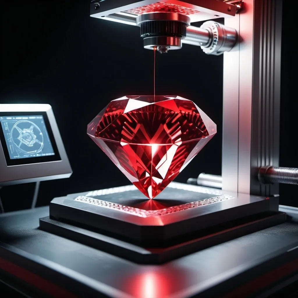 Prompt: Futuristic 3D molecular printer printing a large red diamond, hyper-realistic, high quality, professional lighting