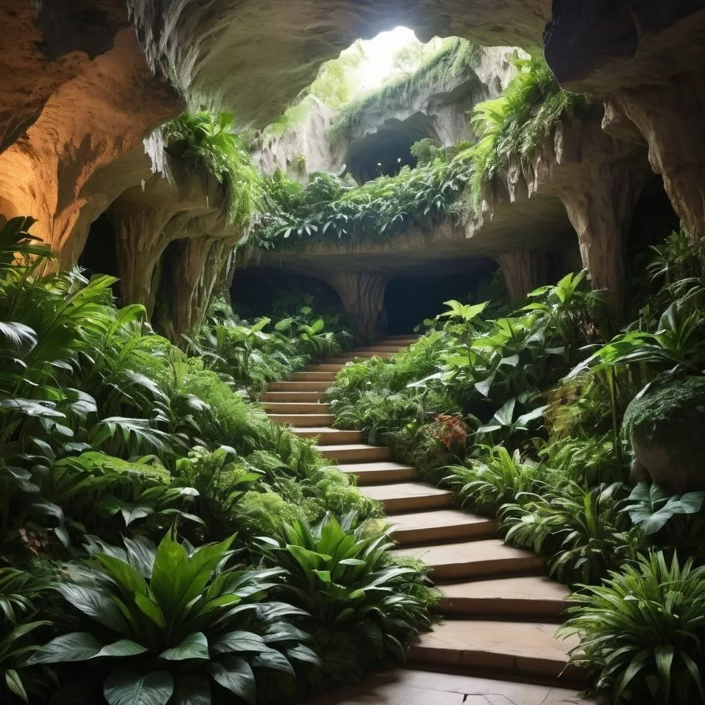 Prompt: a gradient of lush landscaping rises up in a grand cavern