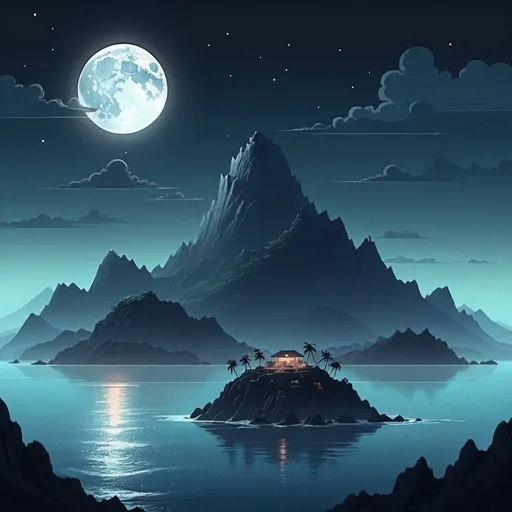 Prompt: cartoon aesthetic. An ocean, in the distance lies a massive, single island with enormous mountains in the middle of the frame. There is nothing else near the island. There is fog surrounding the mountain at night time with a full moon. 