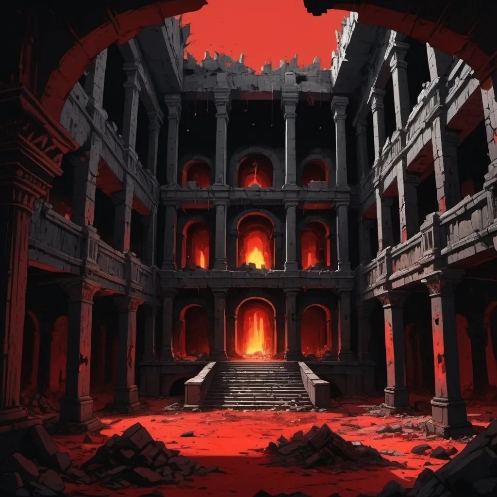 Prompt: Cartoon aesthetic & interor view of a large, structures which is now in ruins. Setting is in hell. 
There is no daylight but red and dark because its in hell.
The remnants are made out of black concete. I want a Treasure Room which is inside the bastion. Interior view only. Full of gold and jewels. 