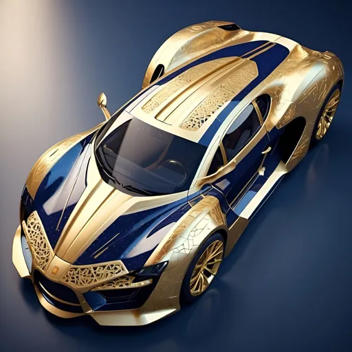 Prompt: Gold and navy blue futuristic super car with Intricate patterns. 

high resolution, 4k, detailed, high quality, professional. 