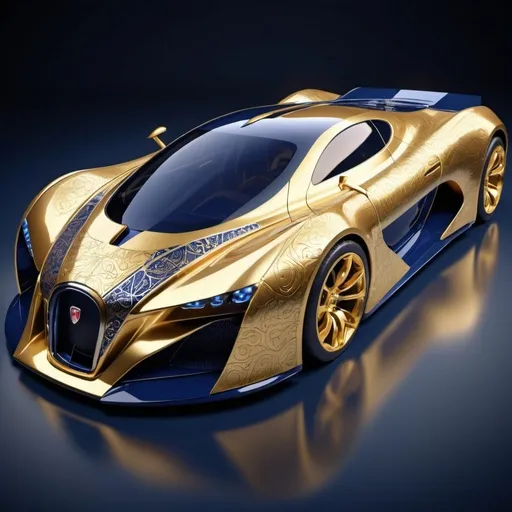 Prompt: Gold and navy blue futuristic super car with Intricate patterns. 

high resolution, 4k, detailed, high quality, professional. 