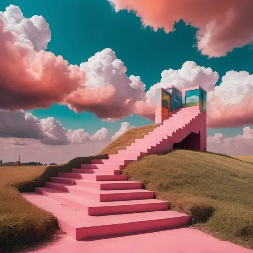 Prompt: colorful brut interiors pasted over a field of retrofuturistic clouds, with steps
