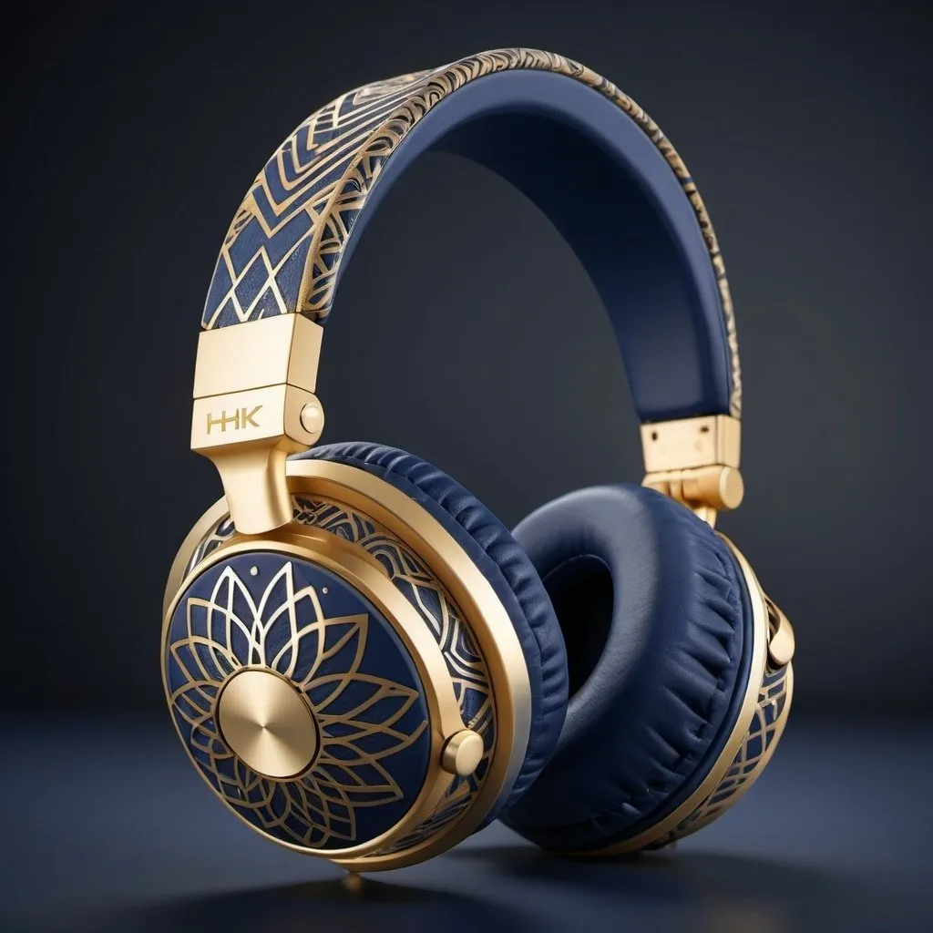 Prompt: Gold and navy blue hifi headphones with an open back design. Intricate patterns. 

high resolution, 4k, detailed, high quality, professional, wide view