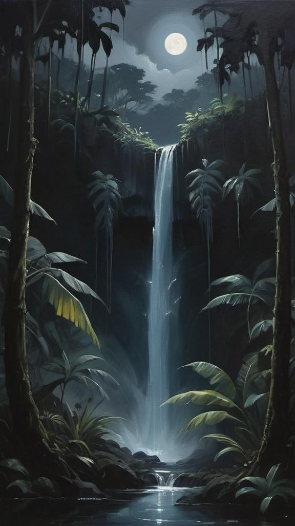 Prompt: -oil painting aesthetic
-a dark waterfall at night
-adventure genre jungle/forrest vibes
-moonlight through trees