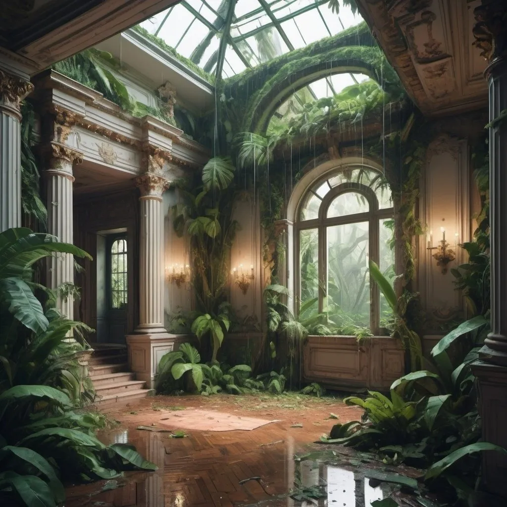 Prompt: cartoon aesthetic - baroque house interior destroyed with a tropical forrest growing through it. Raining
