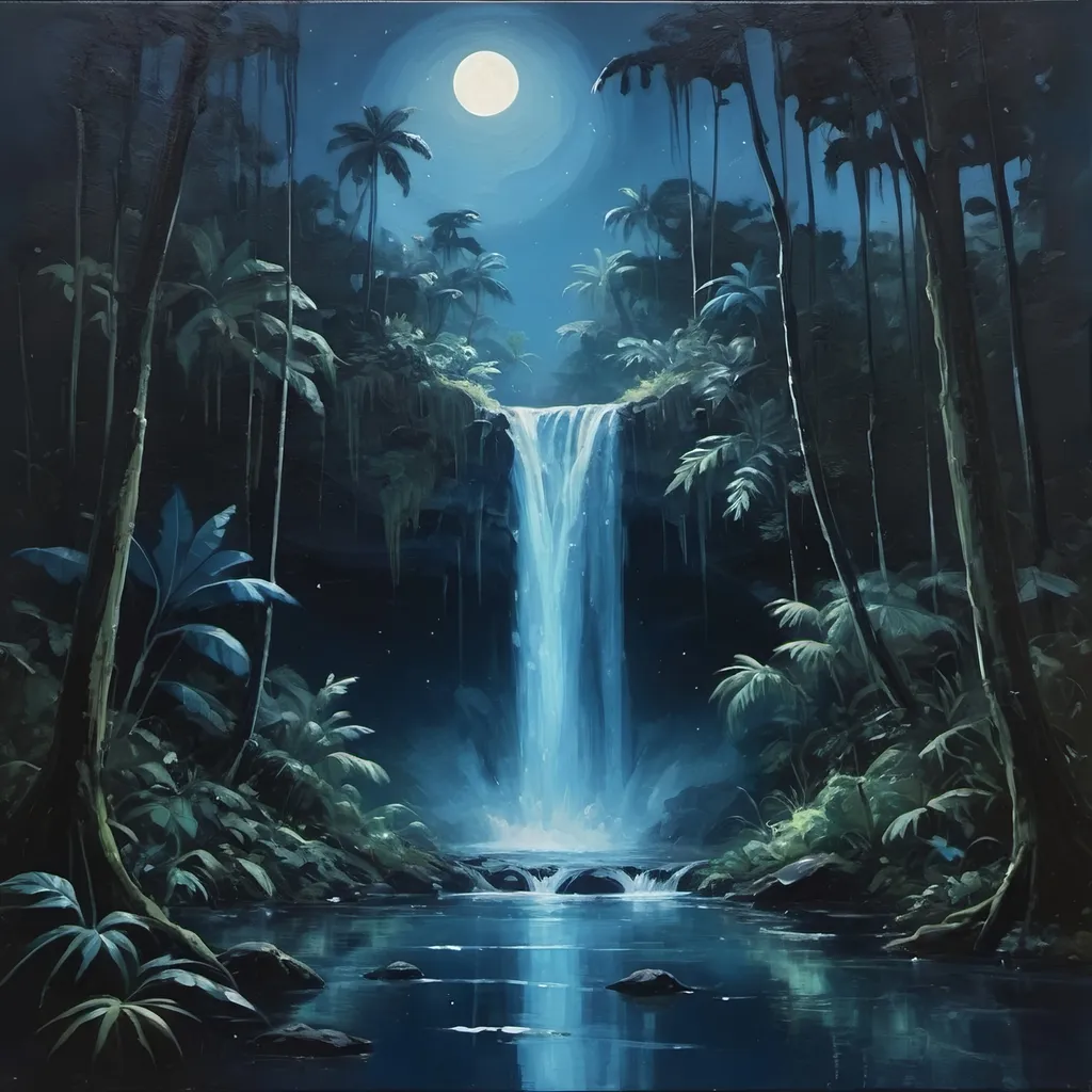 Prompt: -oil painting aesthetic
-a waterfall at night
-adventure genre jungle/forrest vibes
-blue moonlight through trees