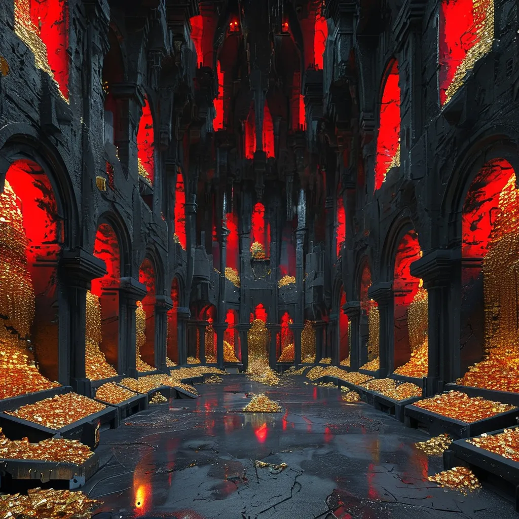 Prompt: Red and black aesthetic. interor view of a large treasure room in hell, full of gold and jewels.  Lighting is dark, and red. 
The structures are made out of black concete. 