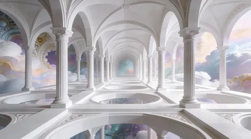 Prompt: white, geometric renaissance interior depth-plunged over a lush dreamscape