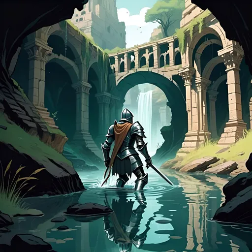 Prompt: Cartoon aesthetic of a fantasy knight crawling through water in a ravine with ancient structures and ruins in the side of the ravine