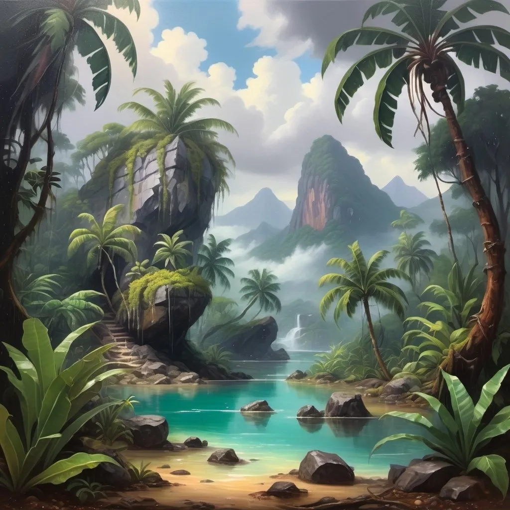 Prompt: Oil painting aesthetic, pirate treasure in a wet & rain in a tropical jungle with plants, tropical vibe, natural ponds with clean water, rocks, mountains, fog, dirt, clouds