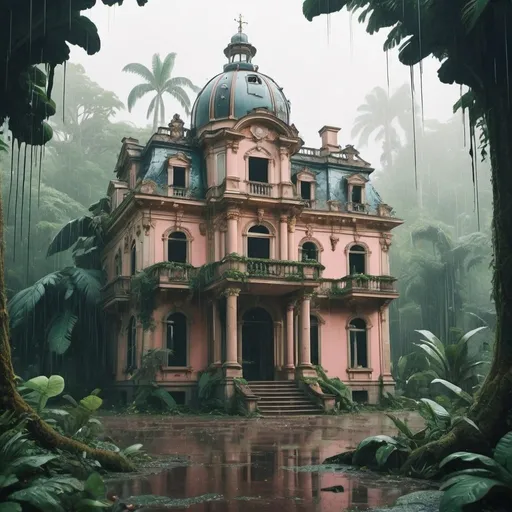 Prompt: cartoon aesthetic - baroque house destroyed in a tropical forrest setting. Raining
