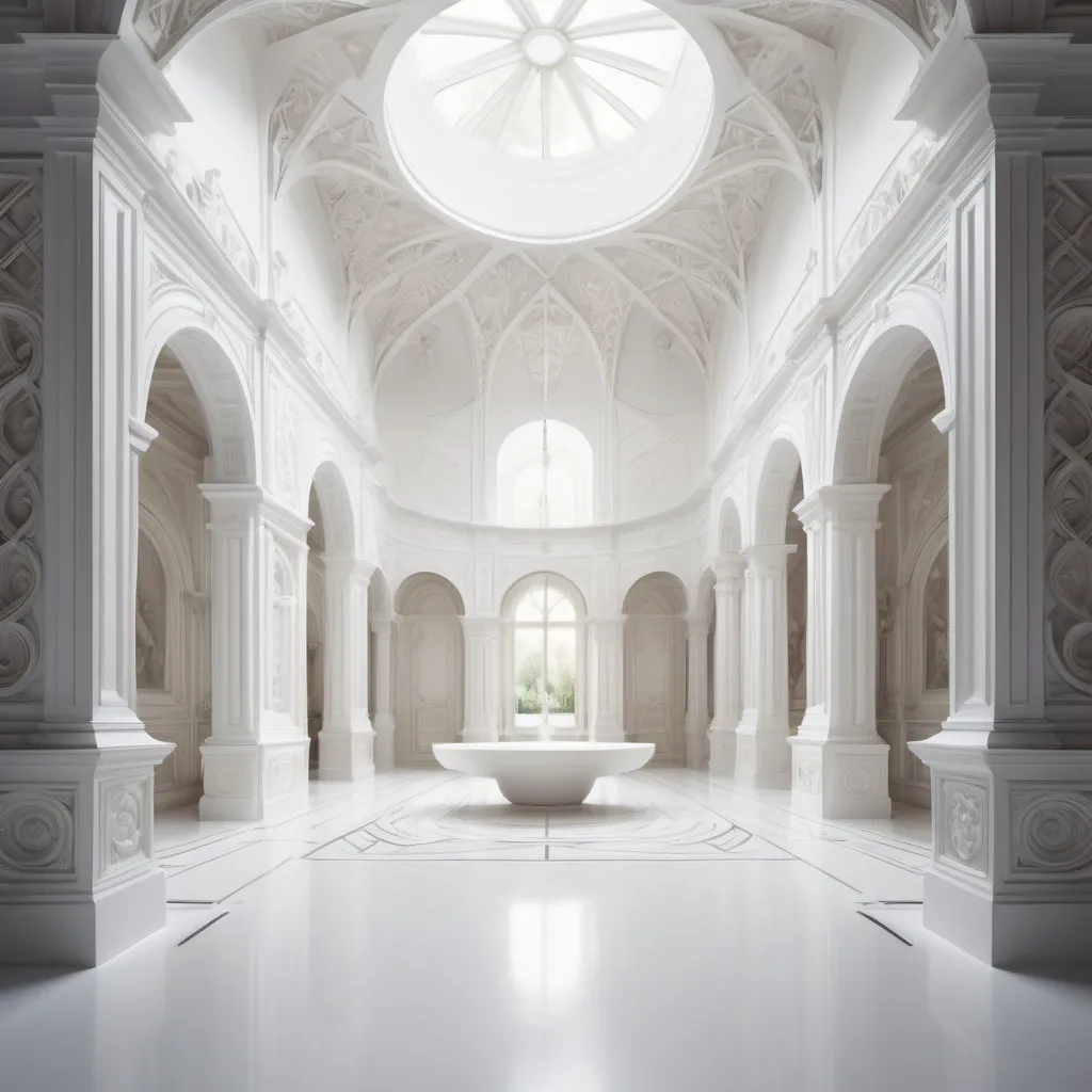 Prompt: white, geometric renaissance interior depth-plunged over a lush dreamscape