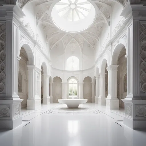 Prompt: white, geometric renaissance interior depth-plunged over a lush dreamscape