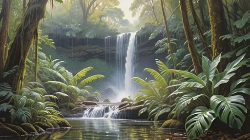 Prompt: in the style of Dalhart Windberg, Jean Baptiste, and Steve Hanks create a highly detailed painting of an otherworldly rainforrest landscape with green plants and cascading waterfalls. 

vibrant ecosystem, where every shade and tone harmonises in a mesmerising dance of colour. 