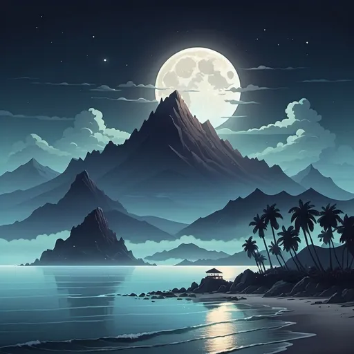 Prompt: cartoon aesthetic. Off the shore of a beach in the distance lies a massive island with enormous mountains. There is fog surrounding the mountain at night time with a full moon. 