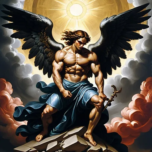 Prompt: Renaissance painting of a majestic fallen male angel angry - athletic body.