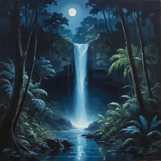 Prompt: -oil painting aesthetic
-a waterfall at night
-adventure genre jungle/forrest vibes
-blue moonlight through trees