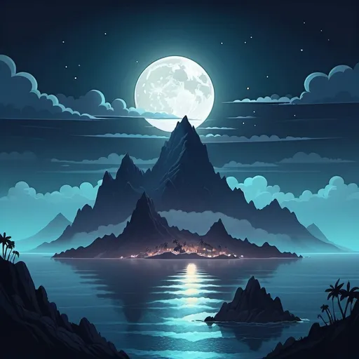 Prompt: cartoon aesthetic. An ocean, in the distance lies a massive island with enormous mountains. There is fog surrounding the mountain at night time with a full moon. 