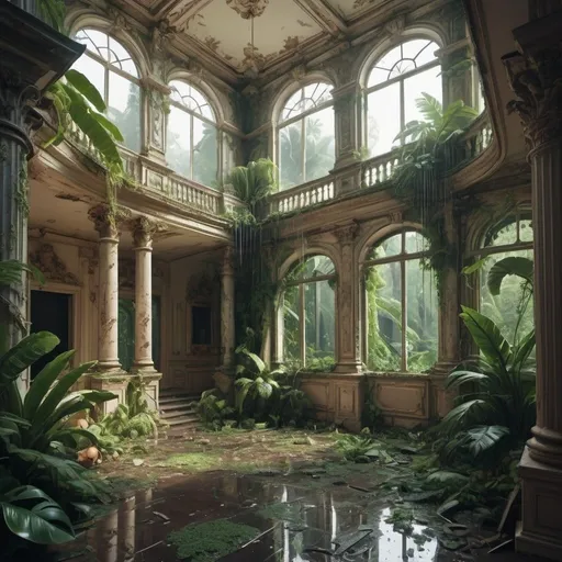 Prompt: cartoon aesthetic - baroque house interior destroyed with a tropical forrest growing through it. Raining
