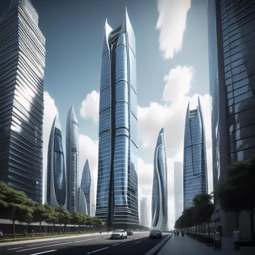 Prompt: A mega sky scraper that is Sleek, modern, futuristic, realistic. Made out of glass. In an uplifting & clean city.