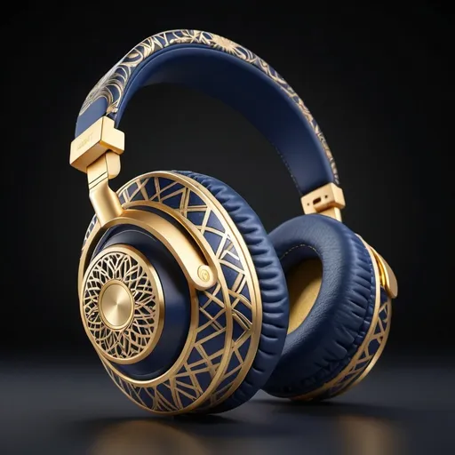 Prompt: Gold and navy blue hifi headphones with an open back design. Intricate patterns. 

high resolution, 4k, detailed, high quality, professional, wide view