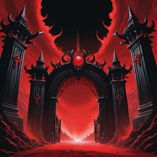 Prompt: Cartoon aesthetic - Gates of the underworld - Massive, red and black gates that reach to the sky with, partially open and exuding an aura of foreboding. 