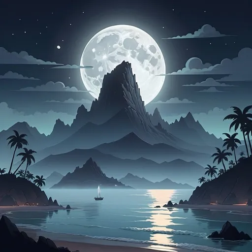 Prompt: cartoon aesthetic. Off the shore of a beach in the distance lies a massive island with enormous mountains. There is fog surrounding the mountain at night time with a full moon. 