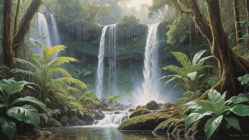 Prompt: in the style of Dalhart Windberg, Jean Baptiste, and Steve Hanks create a highly detailed painting of an otherworldly rainforrest landscape with green plants and cascading waterfalls. 

vibrant ecosystem, where every shade and tone harmonises in a mesmerising dance of colour. 