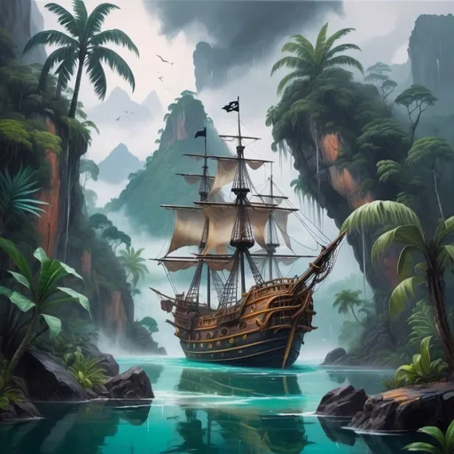 Prompt: Oil painting aesthetic, pirate ship in a wet & rain in a tropical jungle with plants, tropical vibe, natural ponds with clean water, rocks, mountains, fog, dirt, clouds