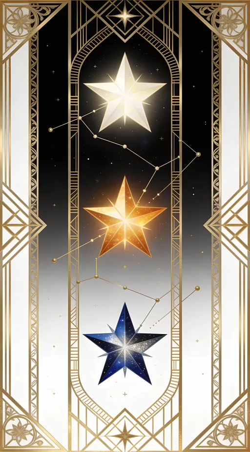 Prompt: Nouveau / art deco style celestial theme: Sacred Geometry featuring 3 distinct stars in their own zones; top to bottom: Neutral > high energy > low energy (navy blue star on a black and white background)