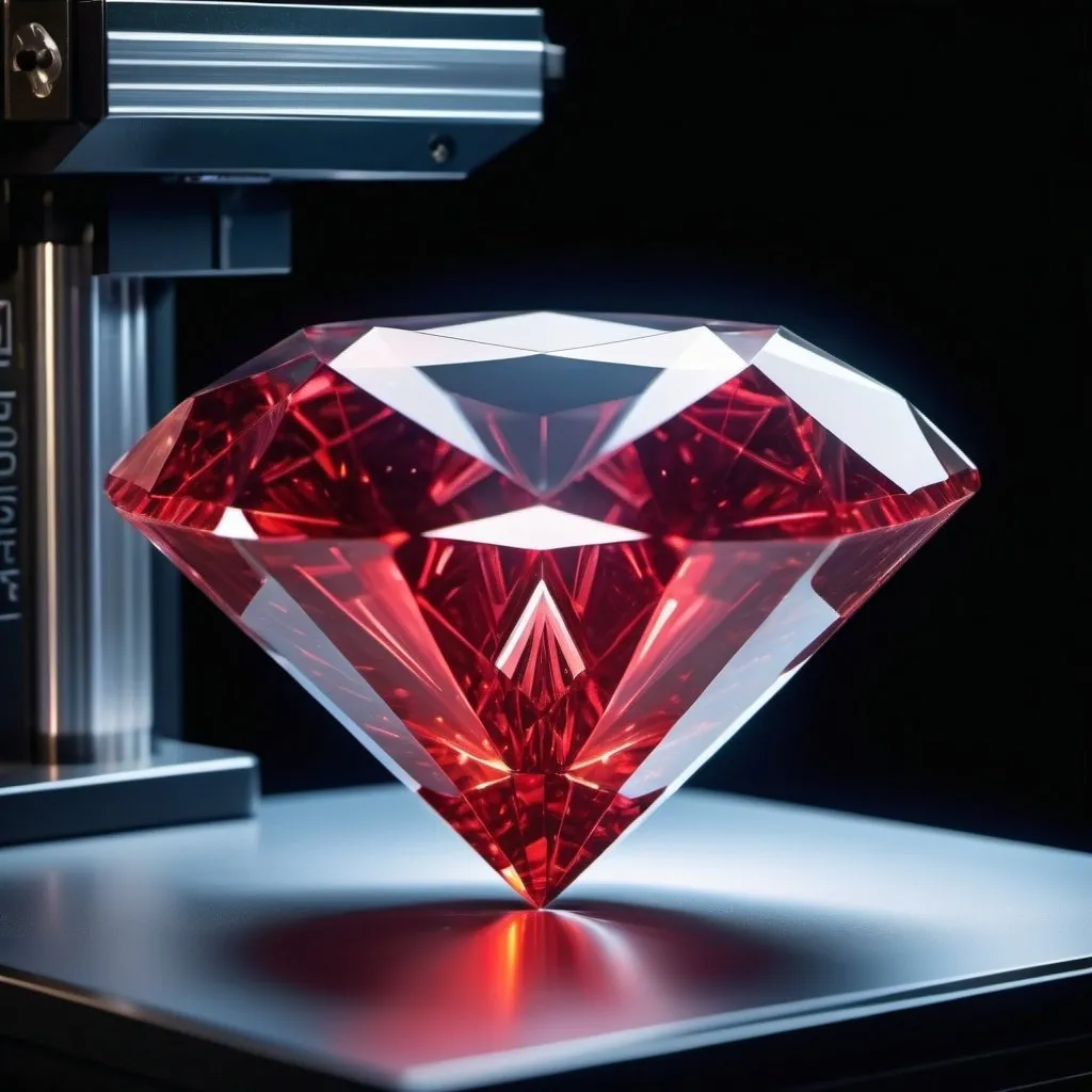 Prompt: Futuristic holographic 3D molecular printer printing a large red diamond, hyper-realistic, high quality, professional lighting