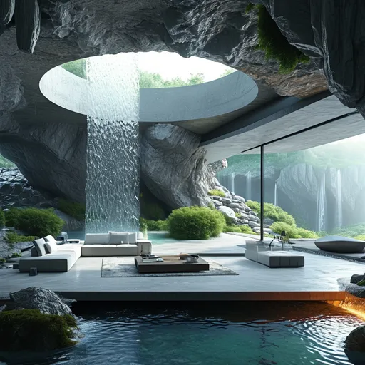 Prompt: Modern house interior integrated into Underground into a massive underground cave with a waterfall. Technology and computers - minimalist aesthetic. 