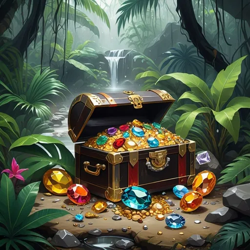 Prompt: Oil painting aesthetic, pirate treasure like gold, jewels, silver, trophies, gems piled up on the ground in a raining tropical jungle with plants, tropical vibe, natural ponds with clean water, rocks, mountains, fog, dirt, clouds