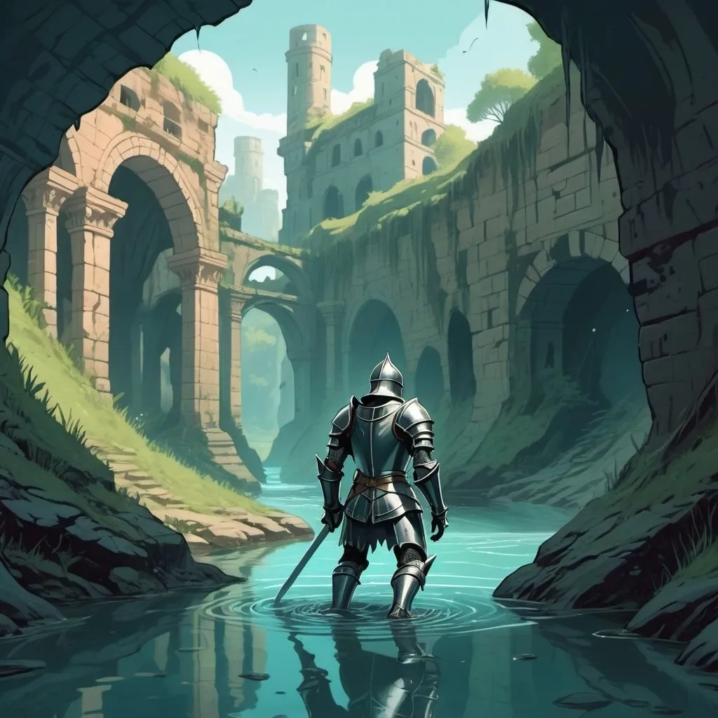 Prompt: Cartoon aesthetic of a fantasy knight crawling through water in a ravine from a distance with ancient structures and ruins in the side of the ravine