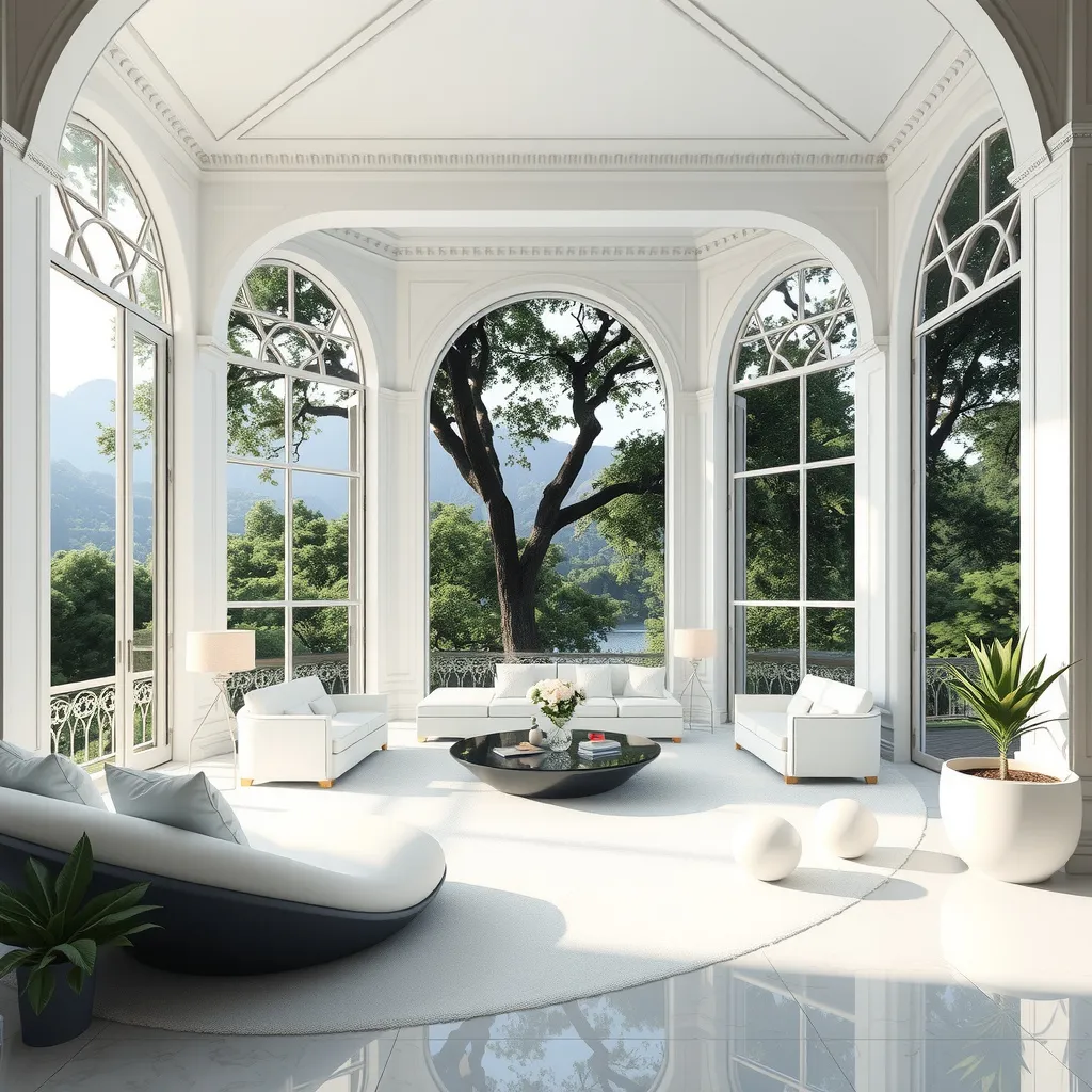 Prompt: white, geometric renaissance interior depth-plunged over a lush dreamscape