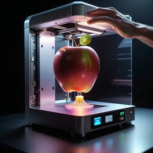 Prompt: Futuristic Holographic computer interfaces and controls, 3D molecular printer printing an apple, hyper-realistic, high quality, professional lighting