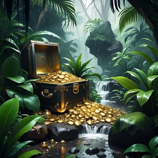 Prompt: Realistic aesthetic, pirate treasure like gold, jewels, silver, trophies, gems piled up on the ground in a raining tropical jungle with plants, tropical vibe, natural ponds with clean water, rocks, mountains, fog, dirt, clouds