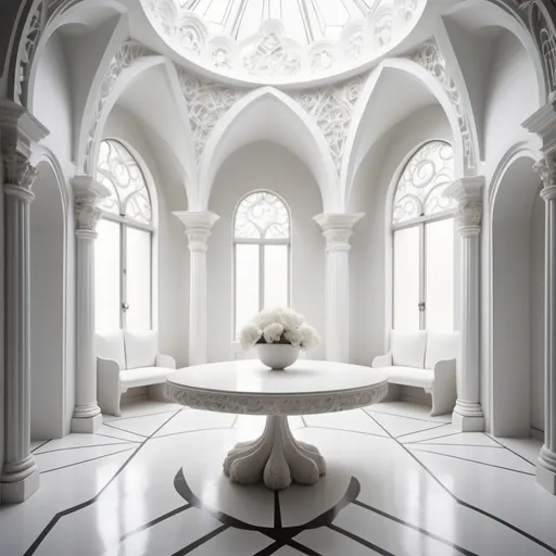 Prompt: white, geometric renaissance interior depth-plunged over a lush dreamscape