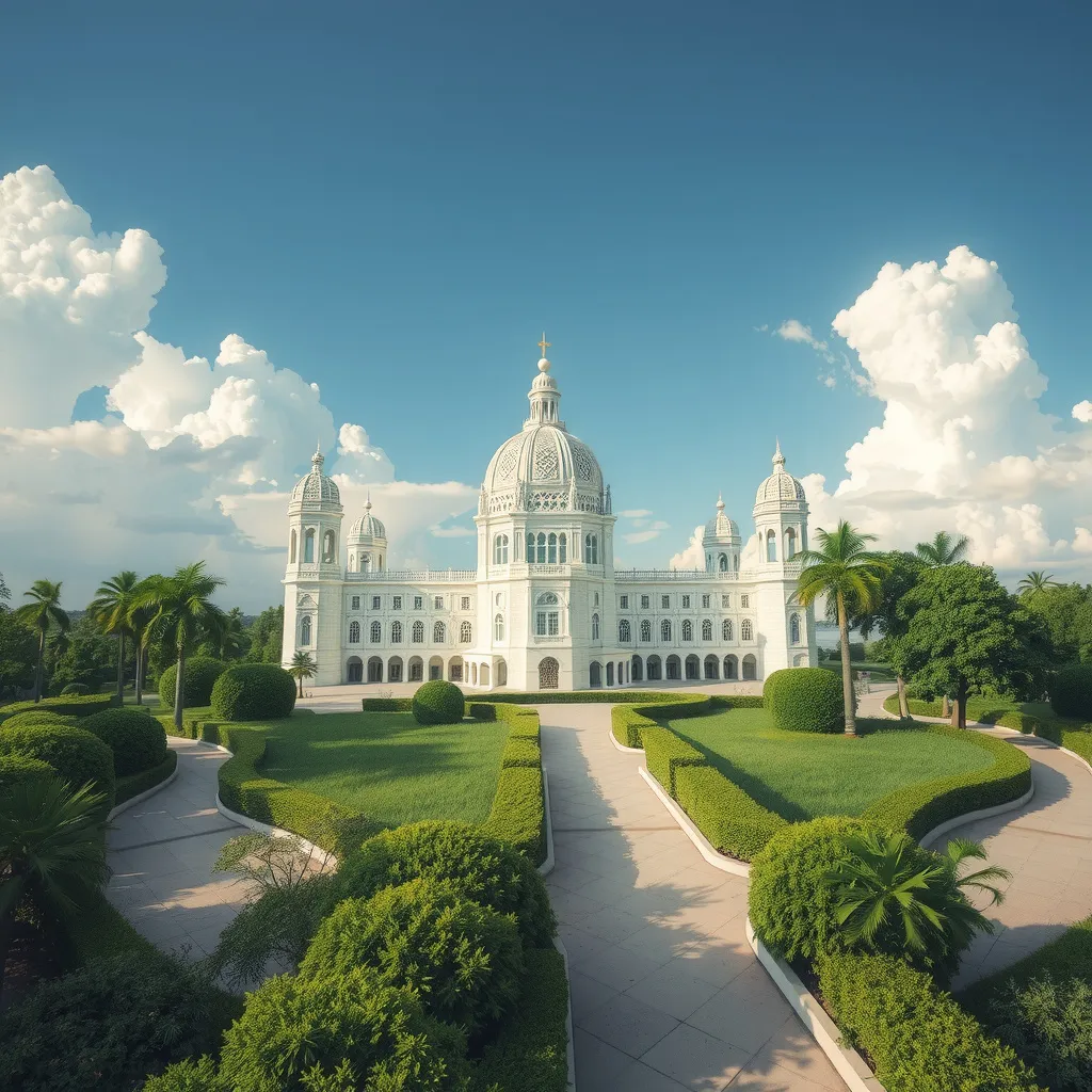 Prompt: white, geometric renaissance palace over a lush dreamscape/heaven