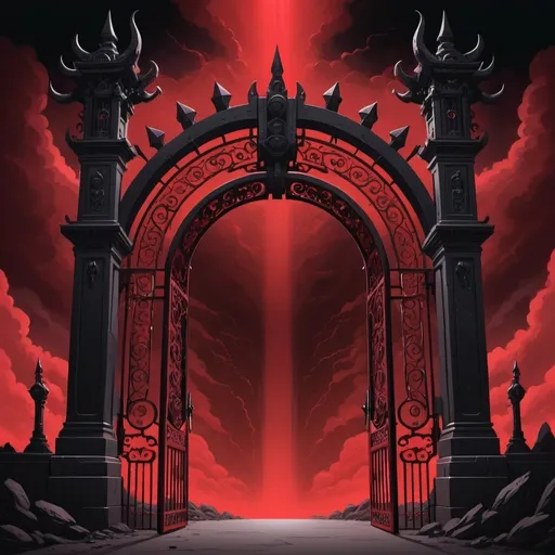 Prompt: Cartoon aesthetic - Gates of the underworld - Massive, red and black gates that reach to the sky with, partially open and exuding an aura of foreboding. 