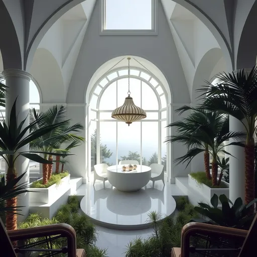 Prompt: white, geometric renaissance interior depth-plunged over a lush dreamscape