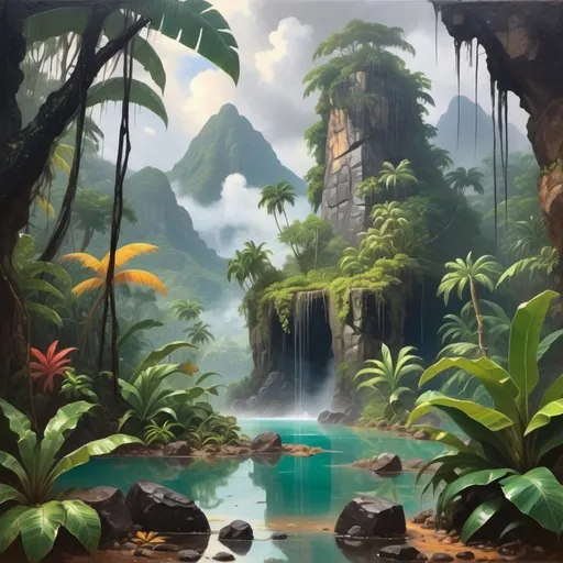 Prompt: Oil painting aesthetic, pirate treasure in a wet & rain in a tropical jungle with plants, tropical vibe, natural ponds with clean water, rocks, mountains, fog, dirt, clouds