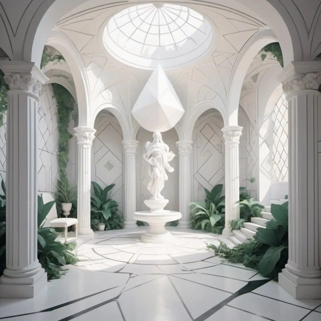 Prompt: cartoon aesthetic - white, geometric renaissance interior depth-plunged over a lush dreamscape
