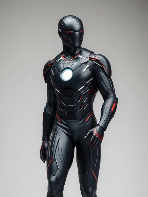 Prompt: modern, sleek, elegant, skin-tight black suit iron man