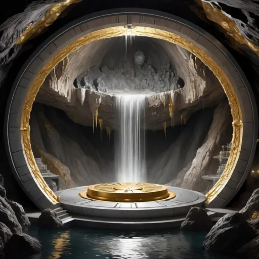 Prompt: A massive cave system with waterfalls and bats in the background. In the cave is a massive circular bank vault door made out of silver and gold. 