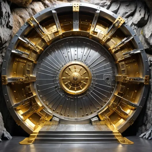 Prompt: An open massive bank vault door made out of silver and gold. The vault door is circular and is inside of a massive cave system with waterfalls and bats in the background. 