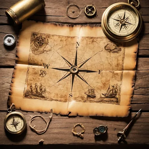 Prompt: old treasure map on a wooden table with a compass nearby